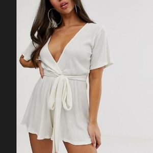 Playsuit with tie waist in white soft rib